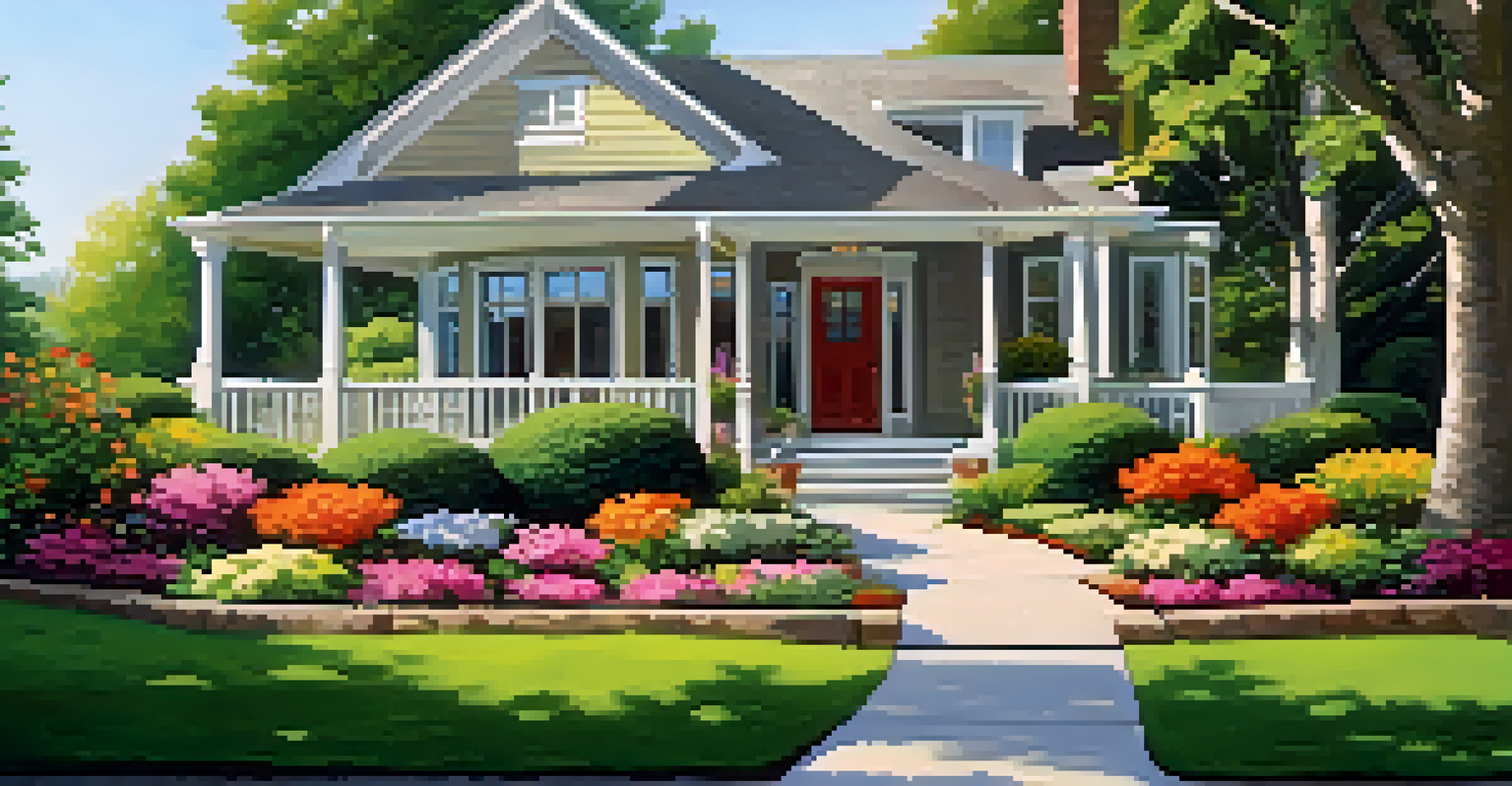 A well-maintained front yard with trimmed bushes and colorful flowers under natural sunlight.