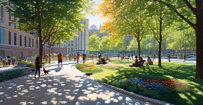 A peaceful urban park filled with diverse individuals enjoying nature, surrounded by trees and modern buildings.