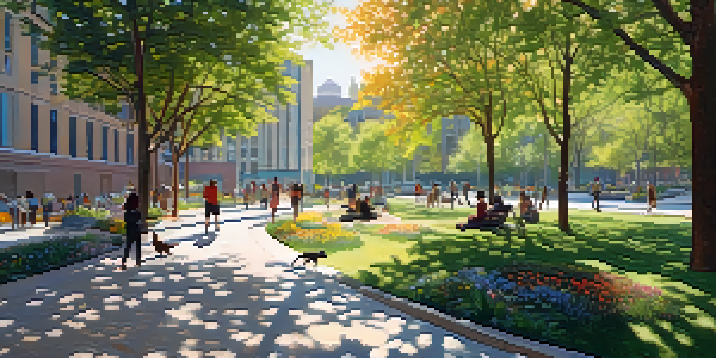 A peaceful urban park filled with diverse individuals enjoying nature, surrounded by trees and modern buildings.