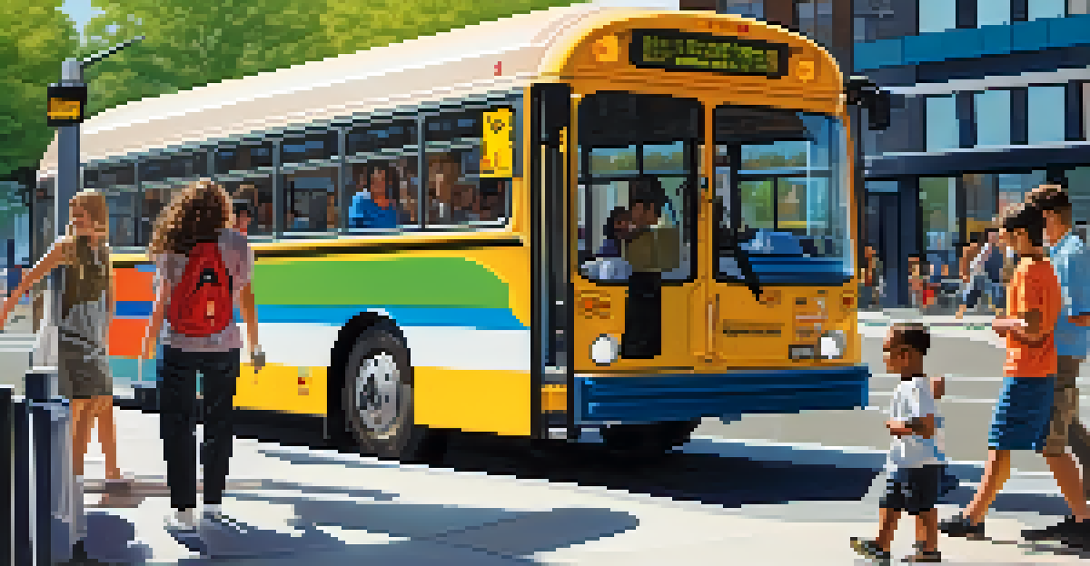 A family boarding a bus at a modern bus stop, with benches, bike racks, and information displays in a bright, sunny setting.