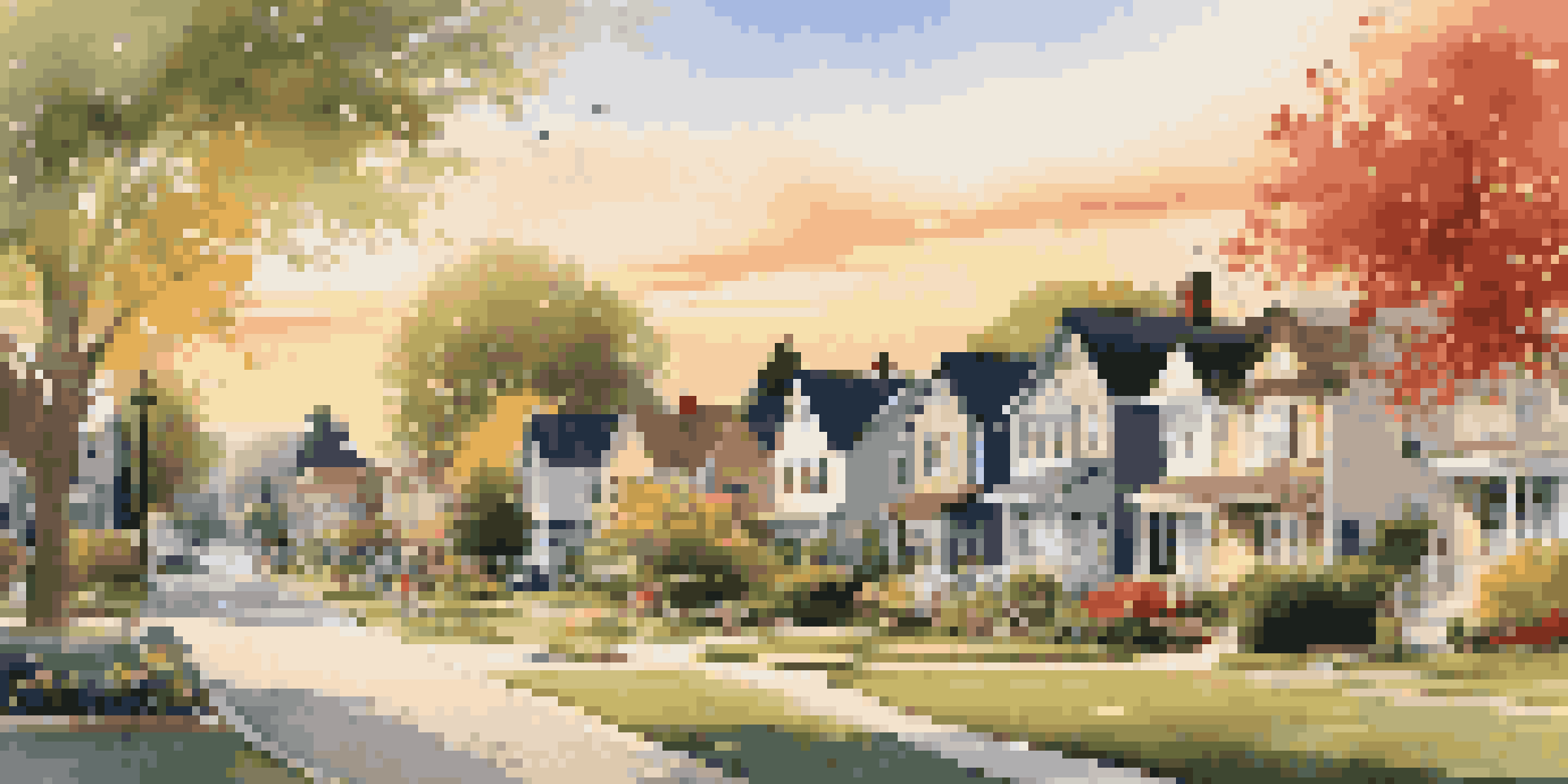 A beautiful suburban neighborhood with houses, gardens, and children playing in a park under a sunset sky.