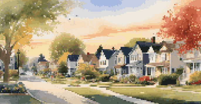 A beautiful suburban neighborhood with houses, gardens, and children playing in a park under a sunset sky.