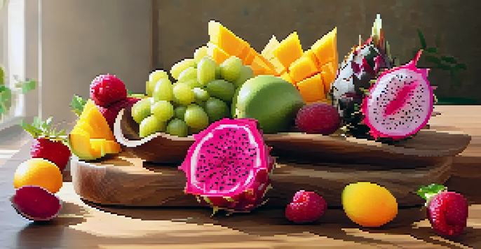 A colorful fruit salad with exotic fruits like dragon fruit, kiwi, and mango on a wooden platter, illuminated by bright sunlight.