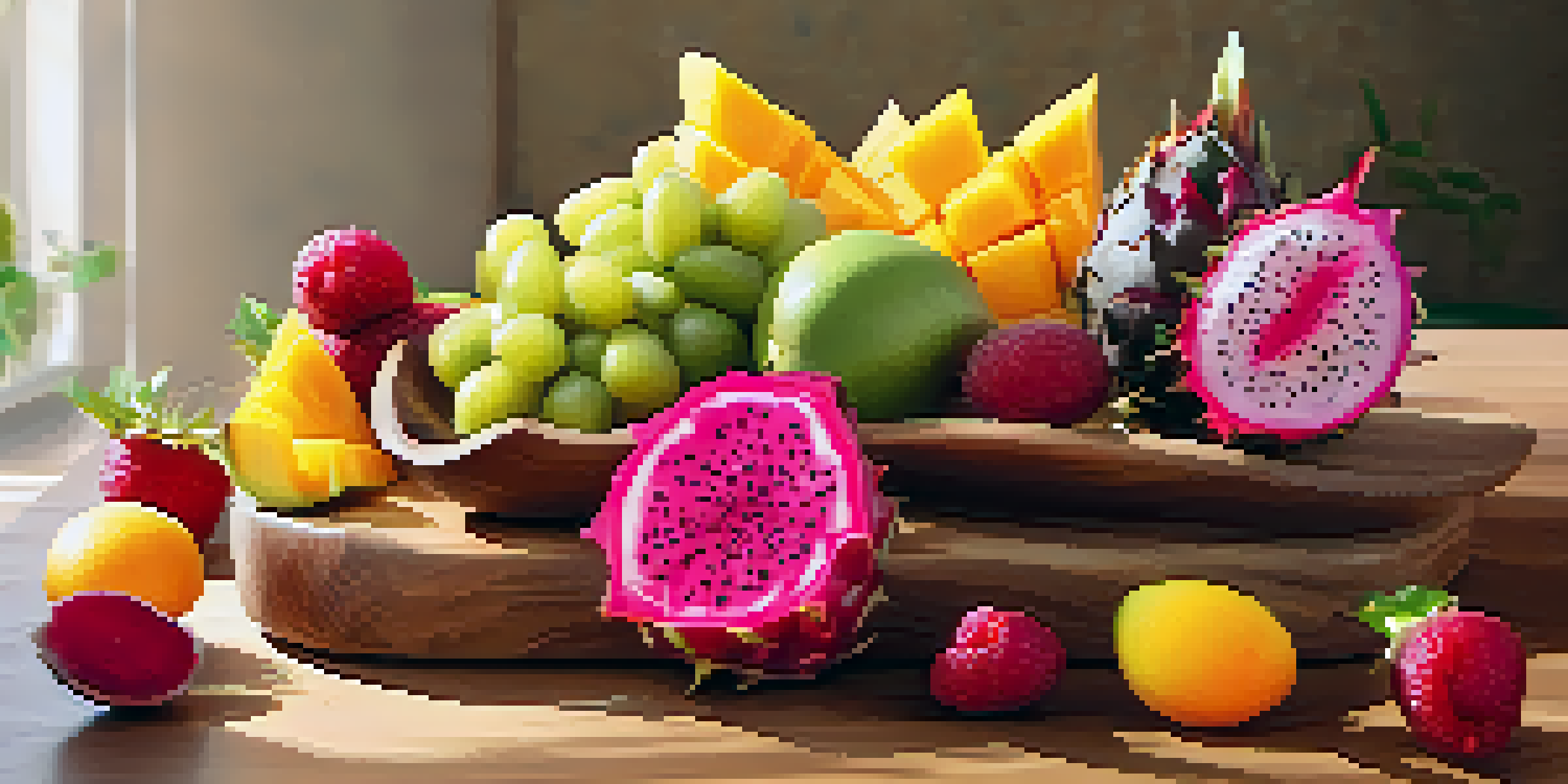 A colorful fruit salad with exotic fruits like dragon fruit, kiwi, and mango on a wooden platter, illuminated by bright sunlight.