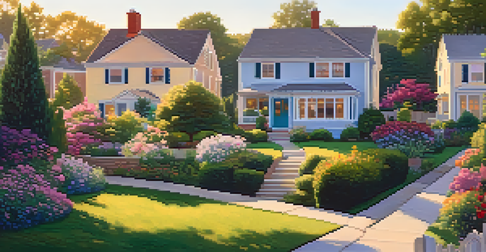 A picturesque suburban neighborhood featuring diverse houses, green trees, and colorful flowers under warm golden hour light.
