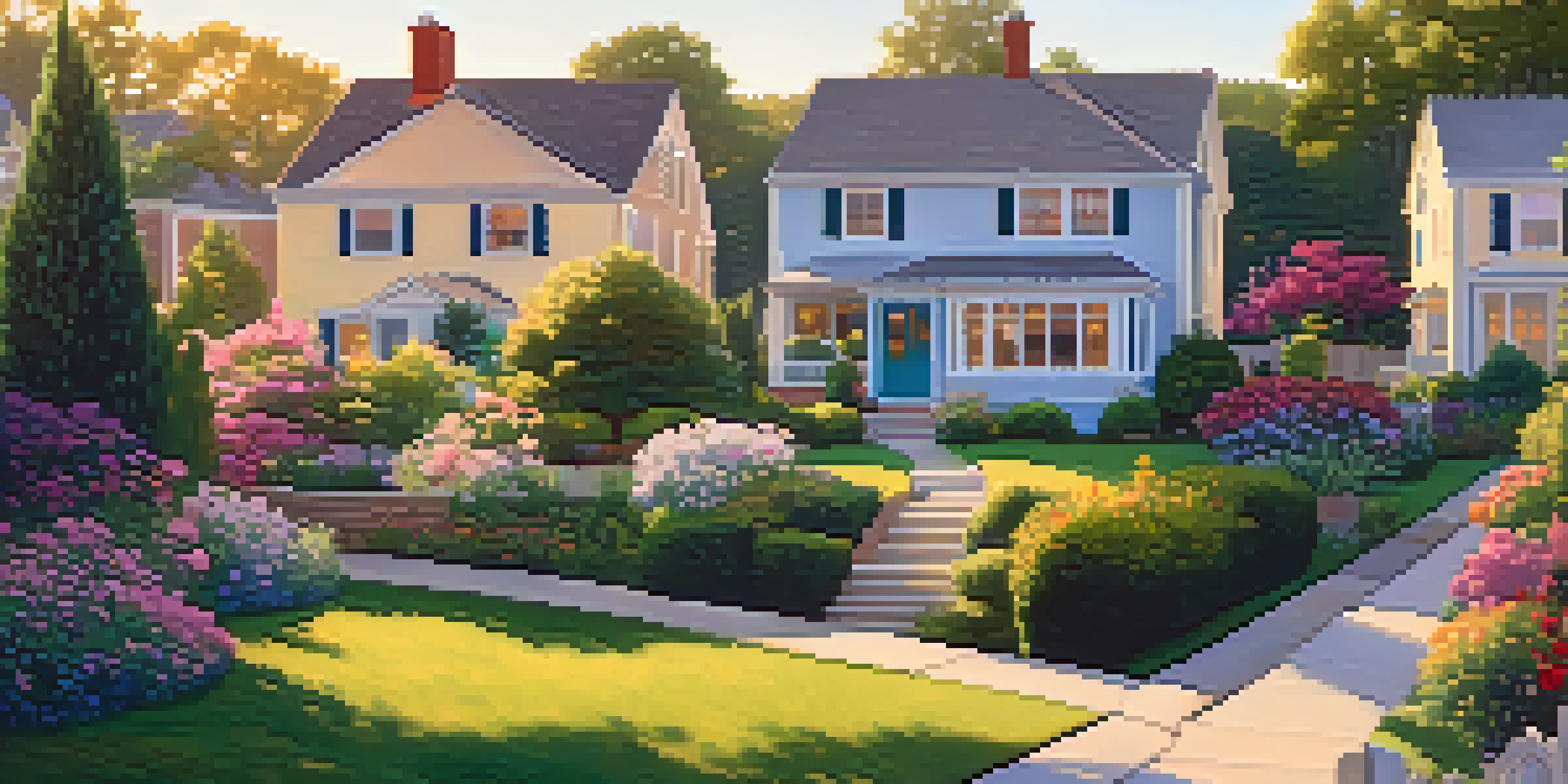 A picturesque suburban neighborhood featuring diverse houses, green trees, and colorful flowers under warm golden hour light.