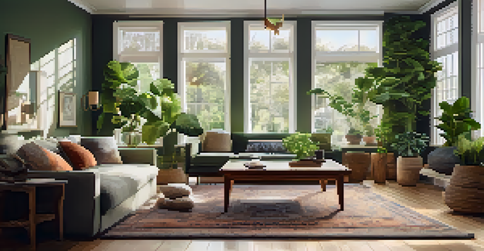 A bright living room with a large window and many indoor plants, featuring a wooden coffee table and soft rugs.