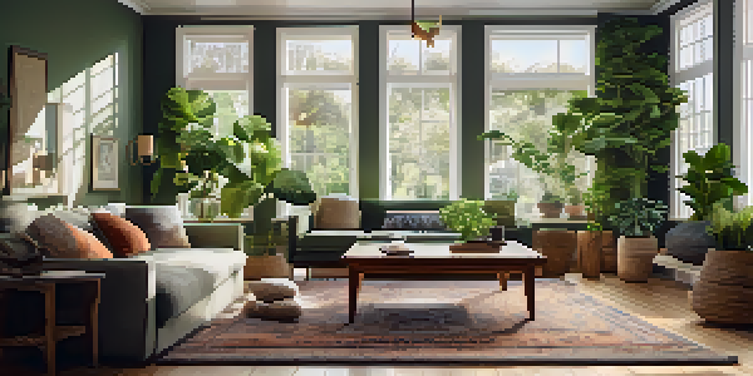 A bright living room with a large window and many indoor plants, featuring a wooden coffee table and soft rugs.