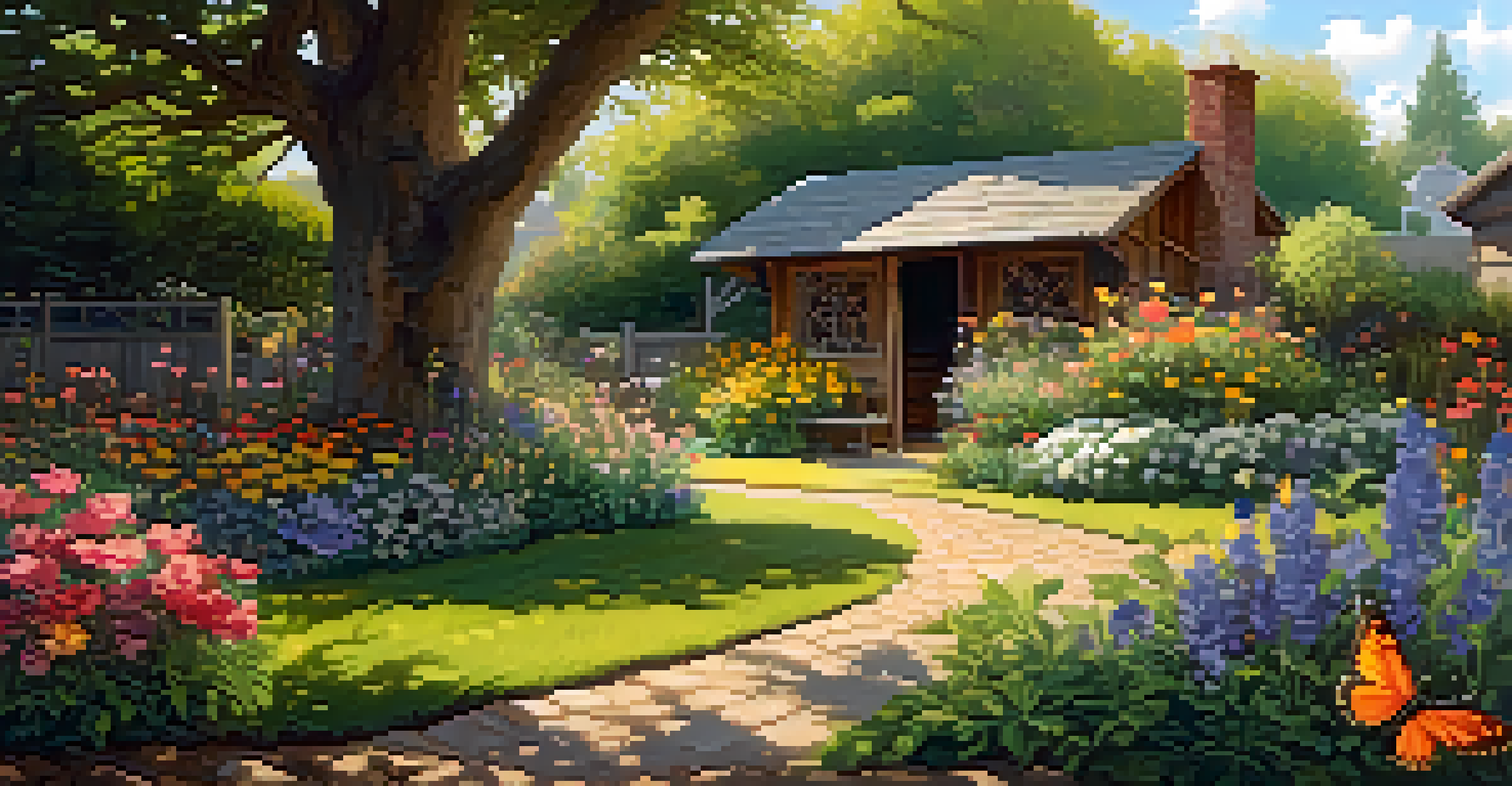 A vibrant garden filled with colorful flowers, a wooden bench under a tree, and butterflies flying around.