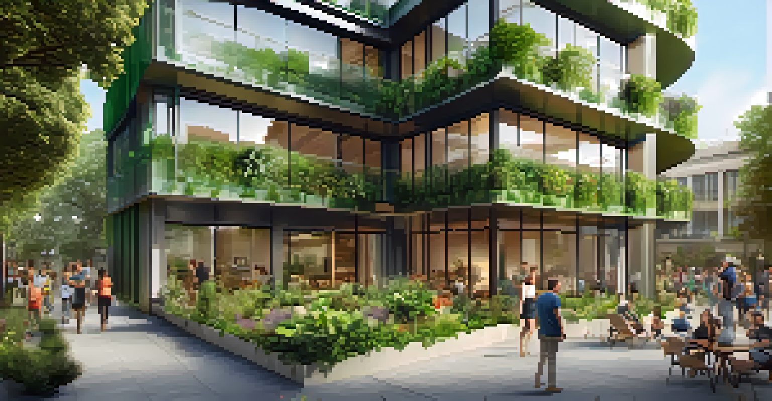 A sustainable building with solar panels and a rooftop garden, surrounded by greenery and people engaging in community activities.