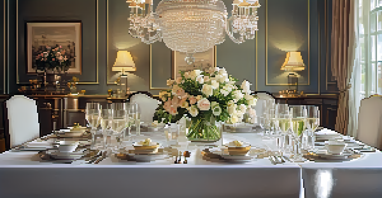 An elegantly set dining table with fine china and a beautiful flower centerpiece under a chandelier.