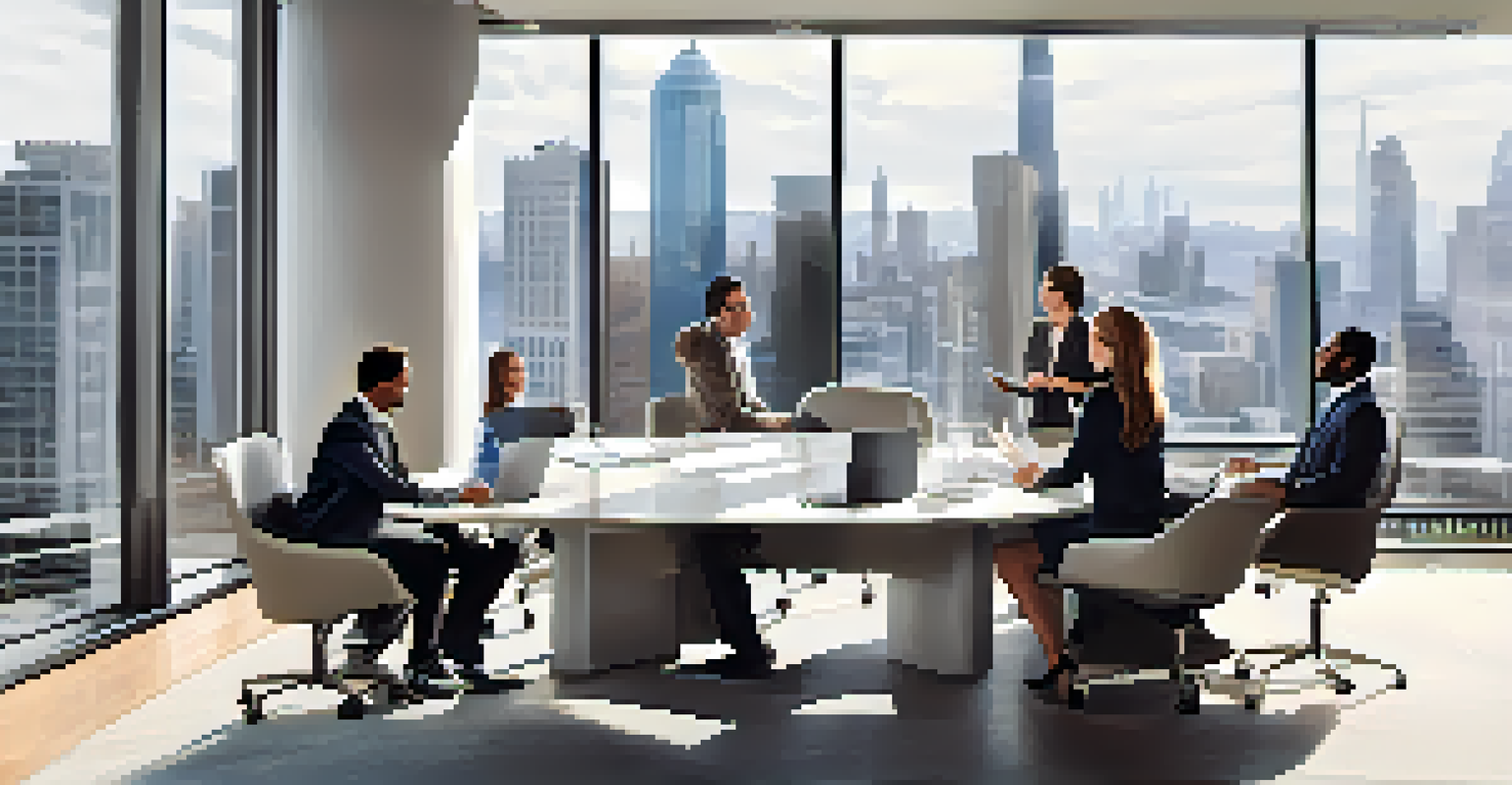 A group of professionals in a modern office discussing real estate negotiations around a conference table.