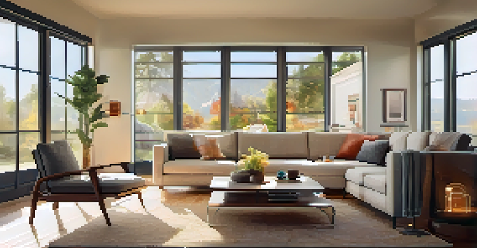 A cozy living room with a smart thermostat on the wall and sunlight streaming through the window, illuminating a comfortable couch and a coffee table with a smartphone.