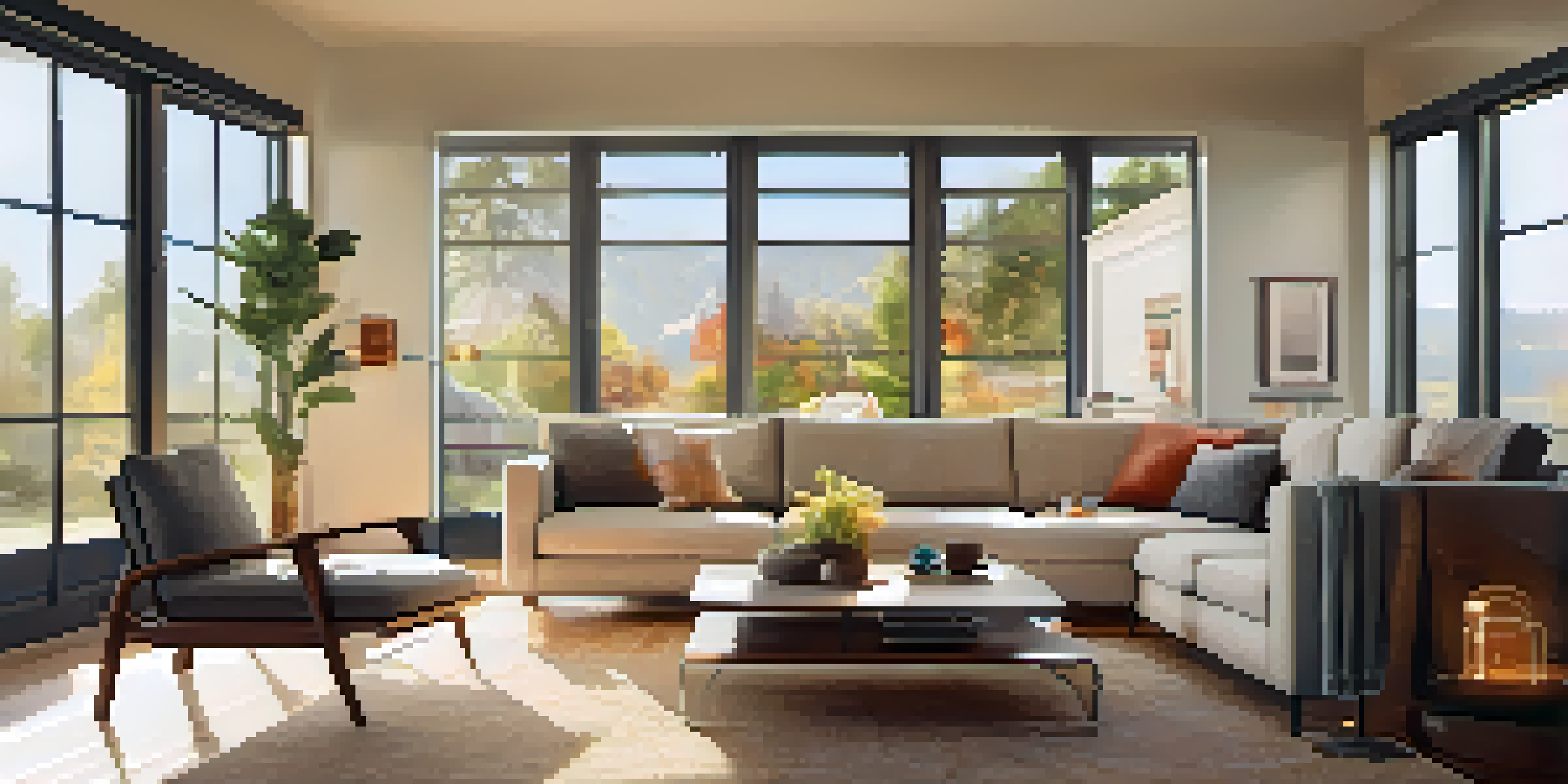 A cozy living room with a smart thermostat on the wall and sunlight streaming through the window, illuminating a comfortable couch and a coffee table with a smartphone.