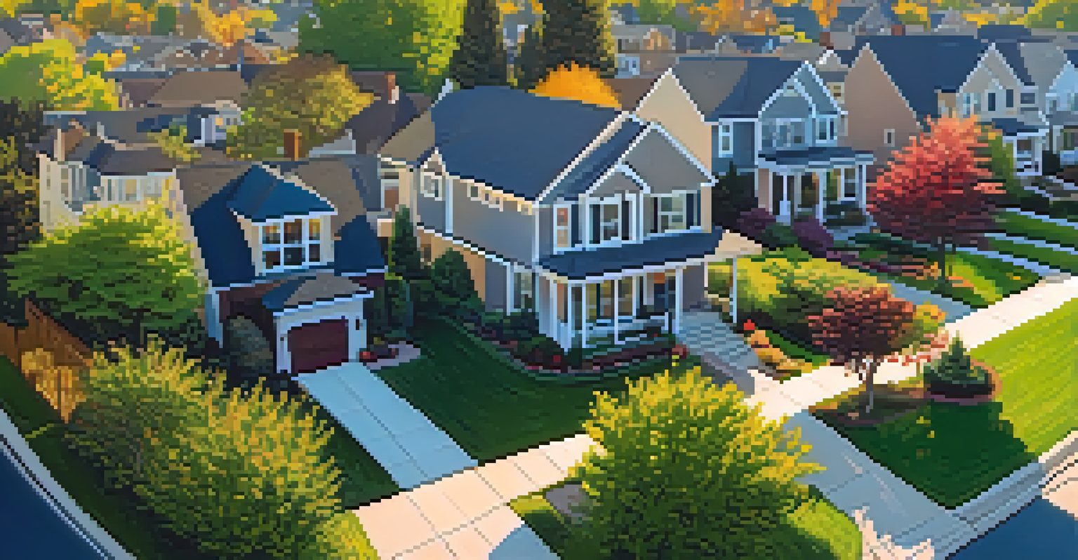 An aerial view of a suburban neighborhood with houses, lawns, and streets during sunset.