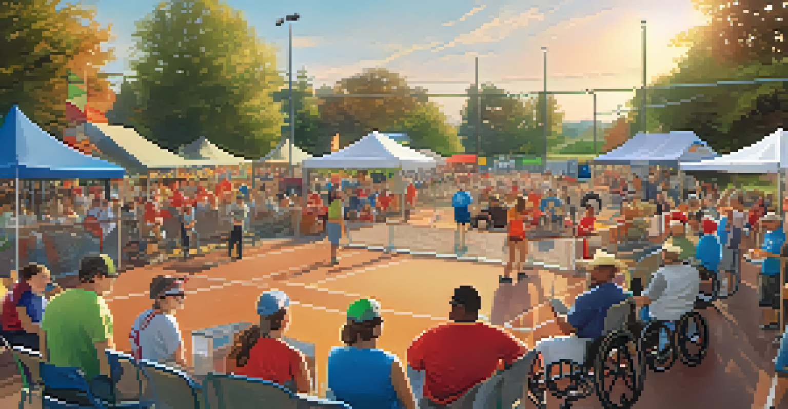 A lively community event featuring adaptive sports, with individuals of different abilities participating and cheering spectators, set against a beautiful sunset.