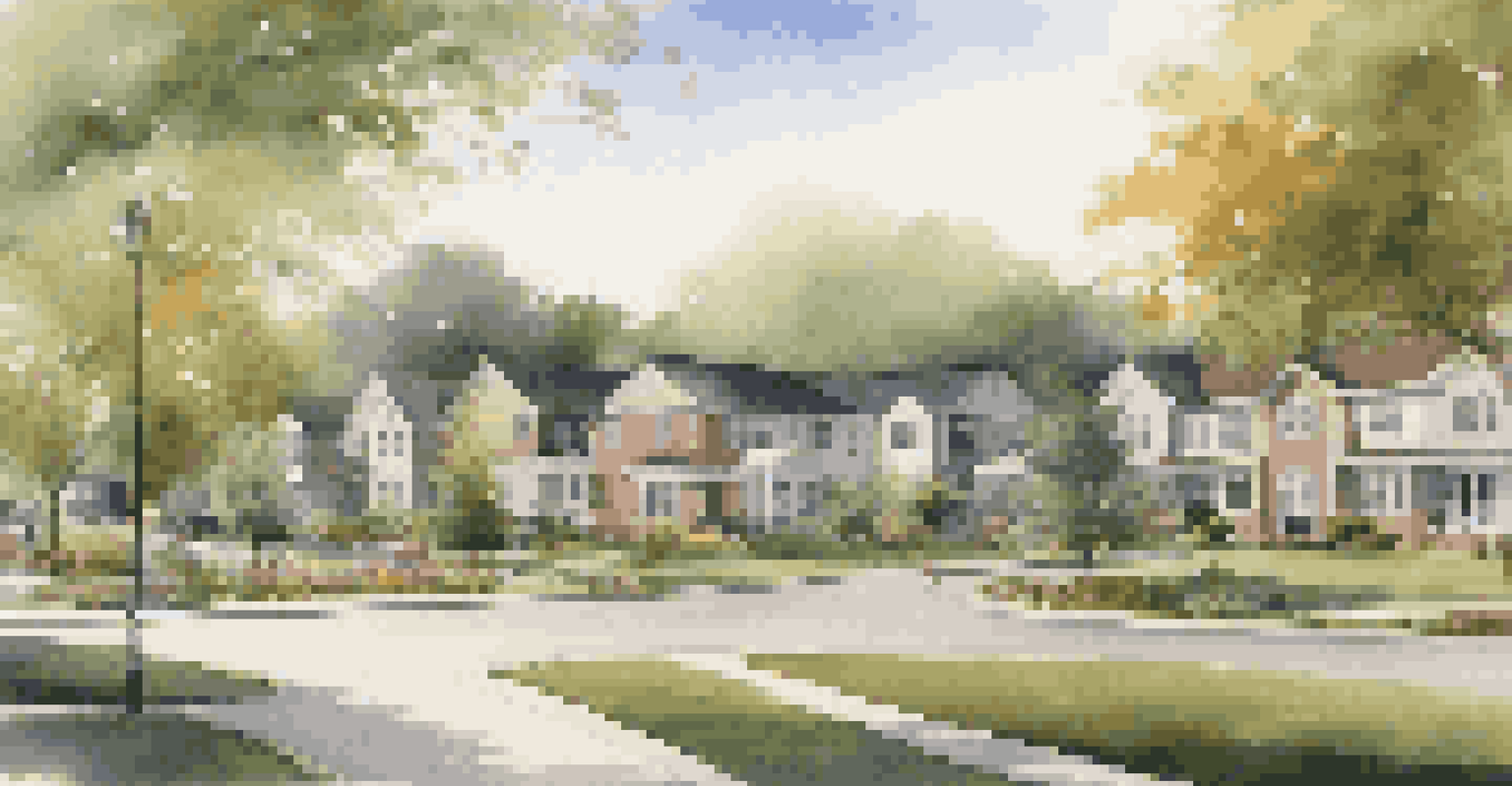 A peaceful neighborhood near a healthcare facility, with families in parks and homes, illustrating the influence of healthcare on housing demand.