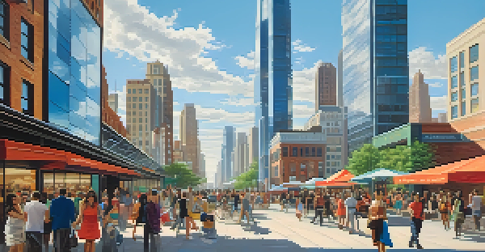 A vibrant urban landscape with a modern skyline and people from different cultures engaging in various activities.