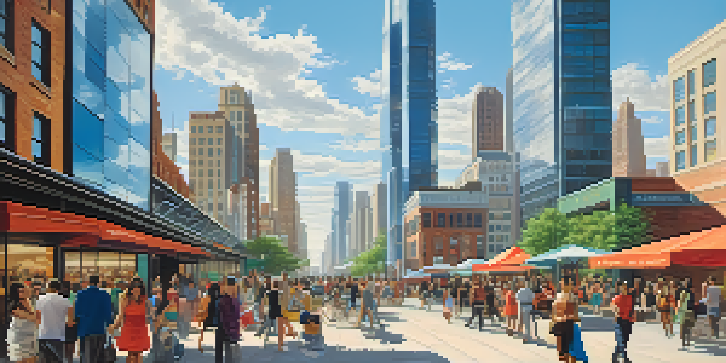 A vibrant urban landscape with a modern skyline and people from different cultures engaging in various activities.