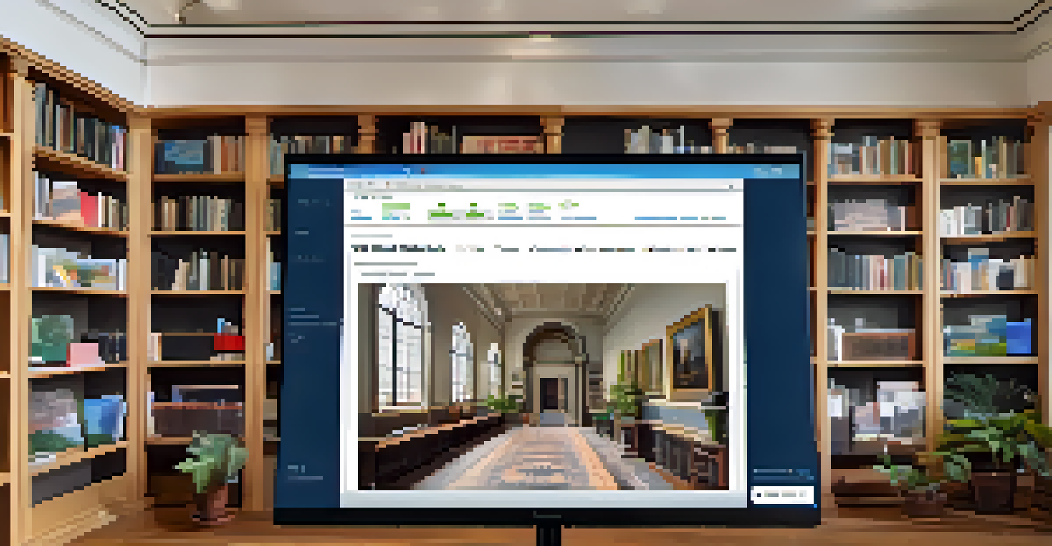 A computer screen displaying an interactive virtual tour of a museum, with a cozy home office in the background.