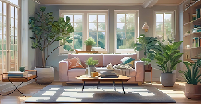 A modern living room with a sofa, coffee table, and bright natural light coming through large windows.