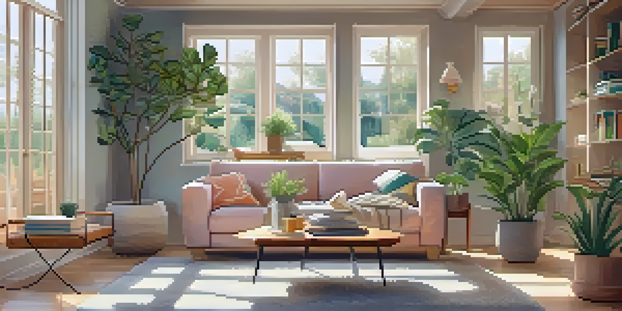 A modern living room with a sofa, coffee table, and bright natural light coming through large windows.