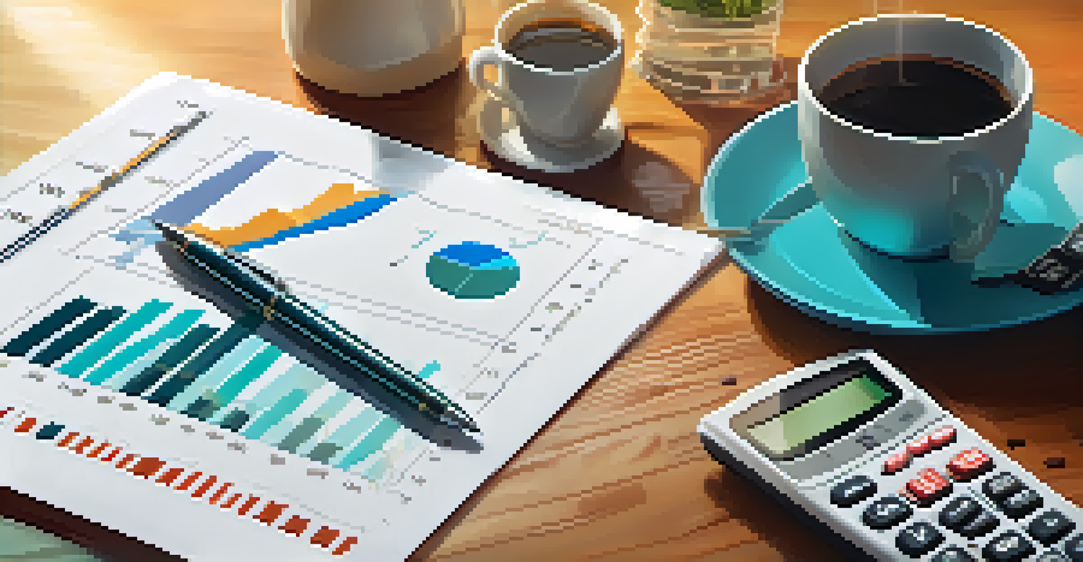 A close-up of a financial report with graphs and charts on a desk with a calculator and coffee.
