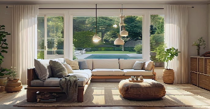 A bright and cozy living room with natural wood furniture, organic cotton cushions, and a jute rug, illuminated by warm lighting and a view of a garden outside.