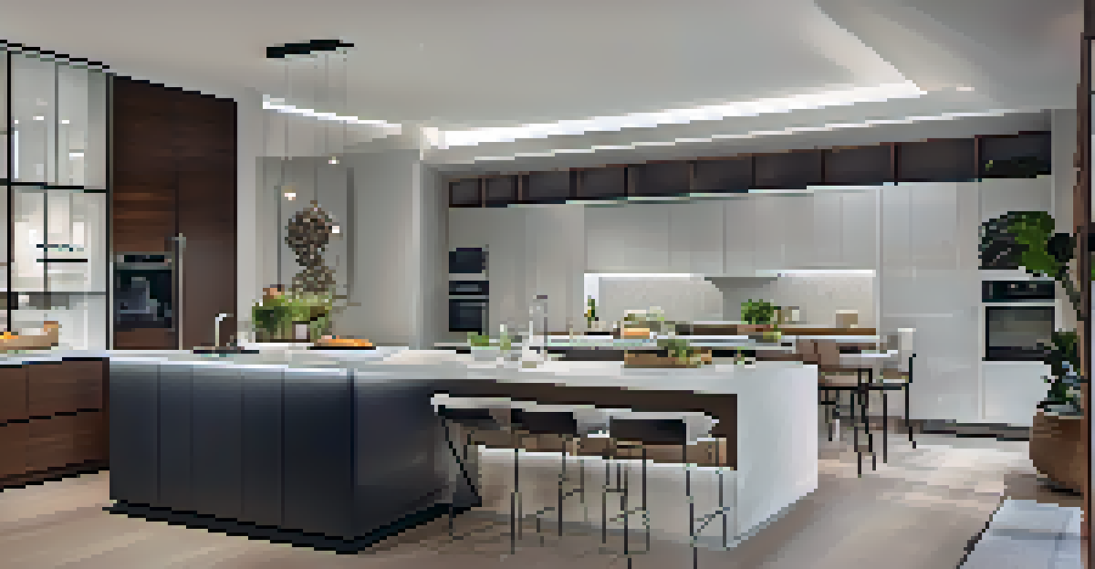 A modern open kitchen equipped with smart technology, minimalist design, and soft LED lighting, highlighting functionality and style.