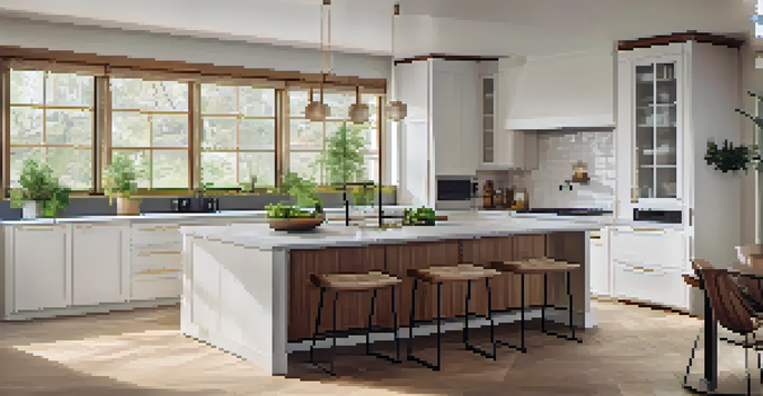A modern kitchen with an island, bar stools, white walls, wooden cabinets, and natural light.