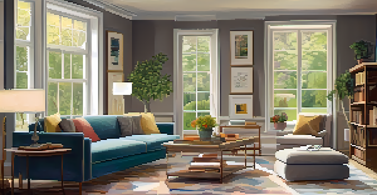 A cozy living room featuring a couch, coffee table with books, and a garden view through a large window.