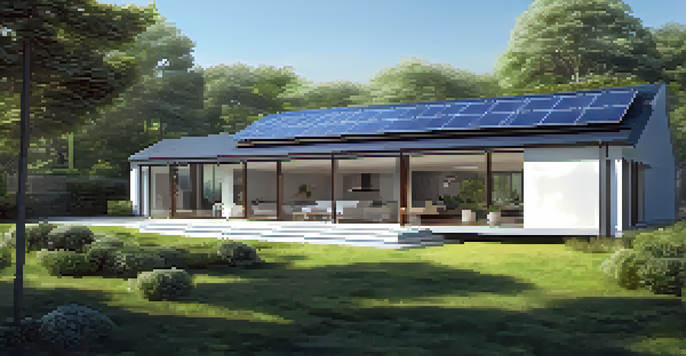 A contemporary energy-efficient house with solar panels and large windows, surrounded by greenery under a blue sky.