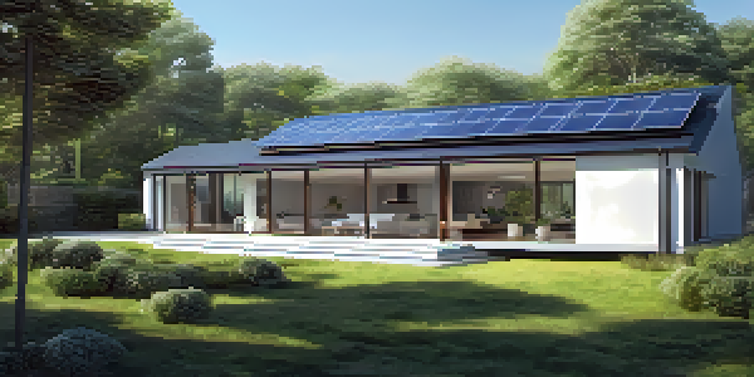 A contemporary energy-efficient house with solar panels and large windows, surrounded by greenery under a blue sky.