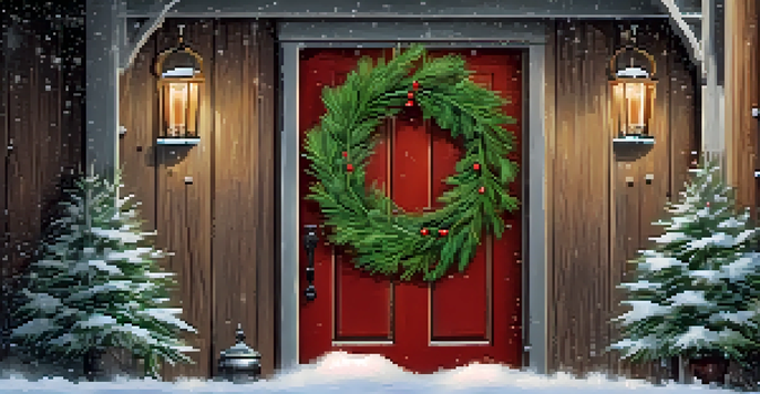 A winter wreath of evergreen branches and holly on a wooden door, with falling snowflakes in the background.
