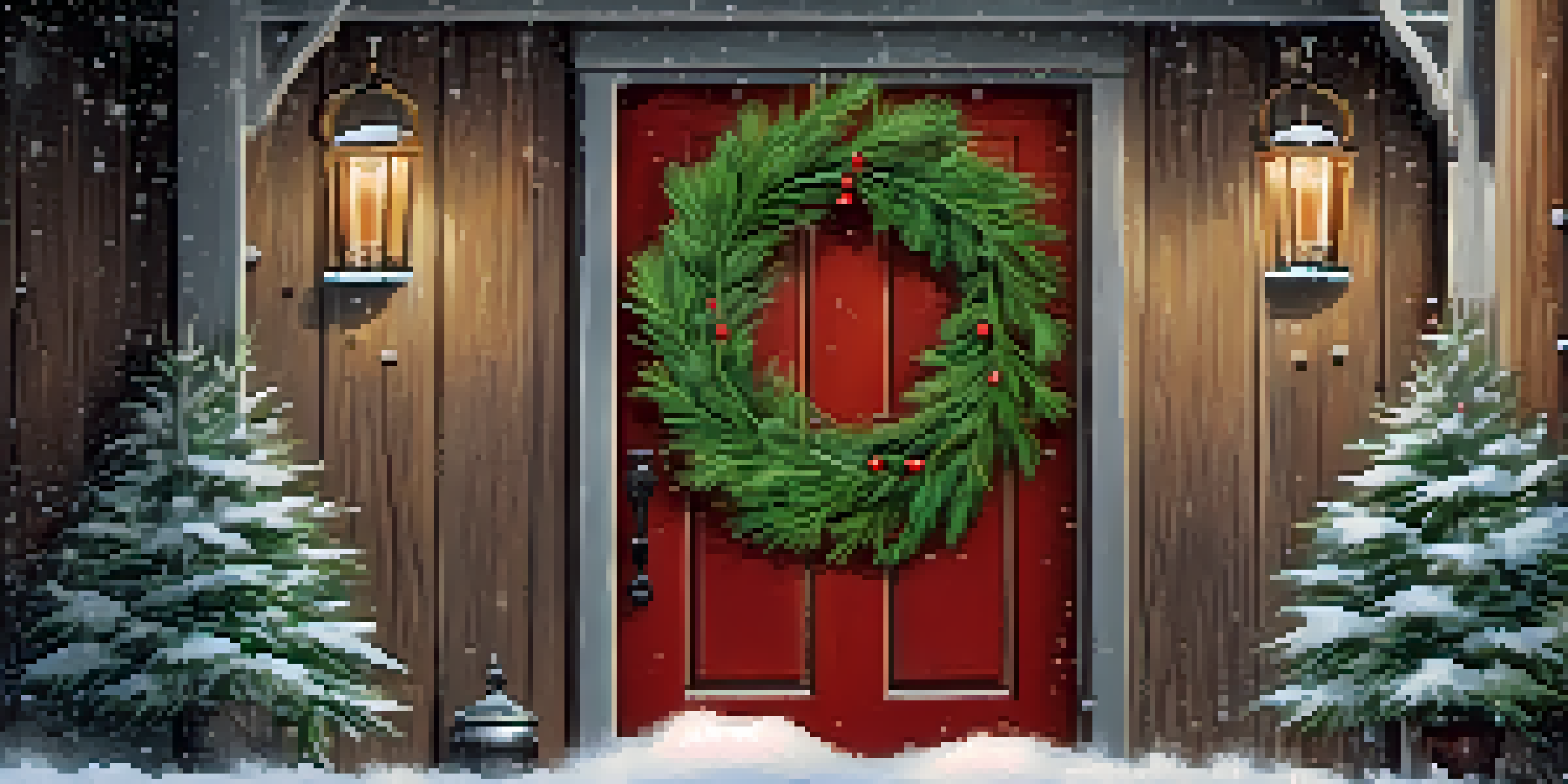 A winter wreath of evergreen branches and holly on a wooden door, with falling snowflakes in the background.