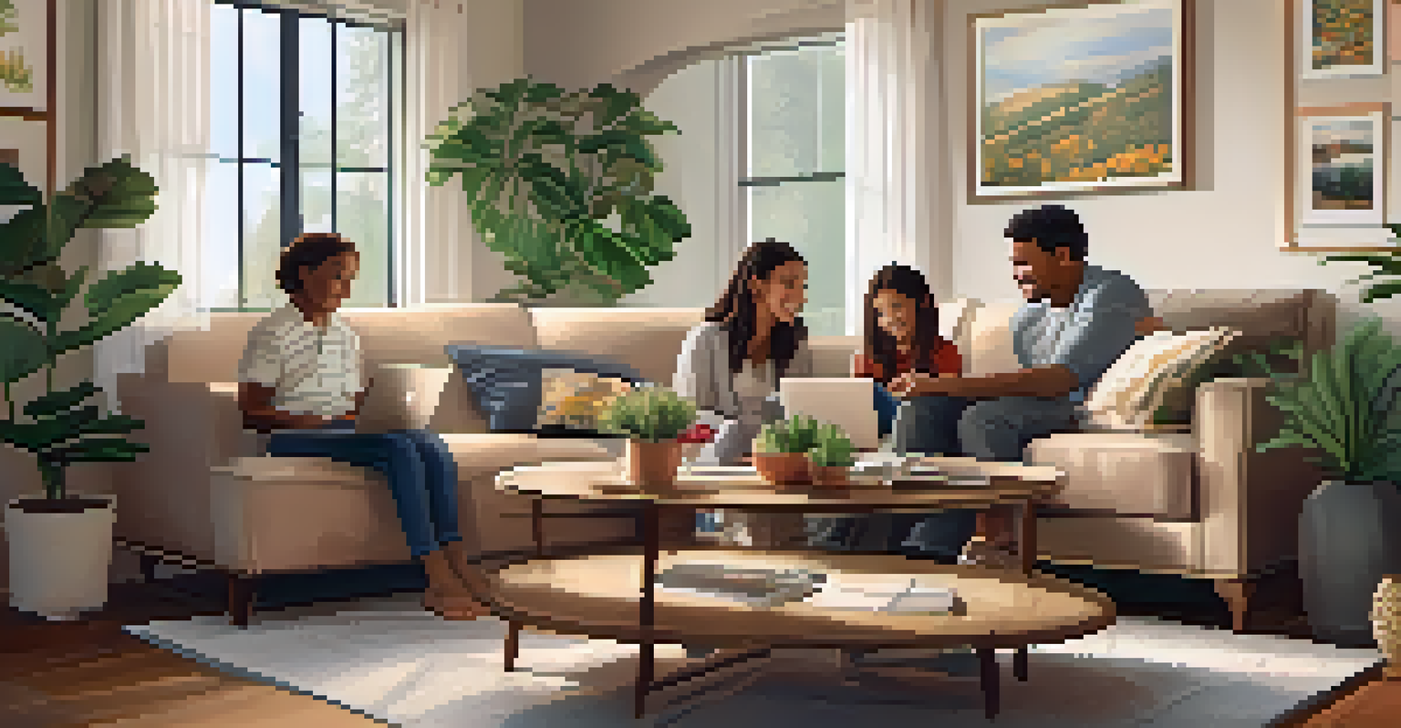 A family of four sitting in a cozy living room, looking at a laptop and discussing home insurance options, surrounded by family photos and plants.