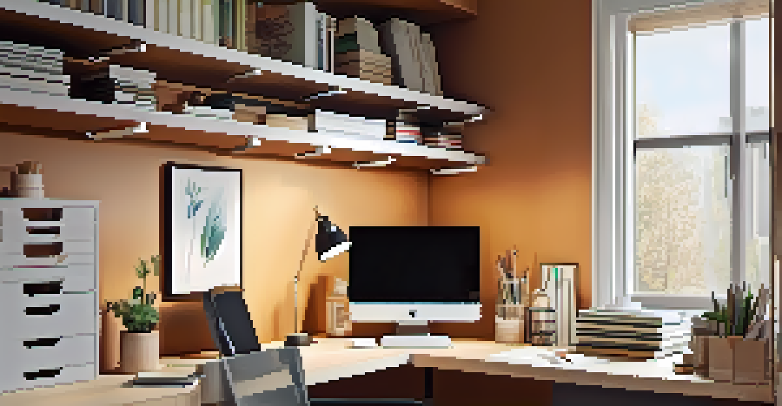 An organized home office corner with vertical storage shelves and a clean desk illuminated by a warm desk lamp.