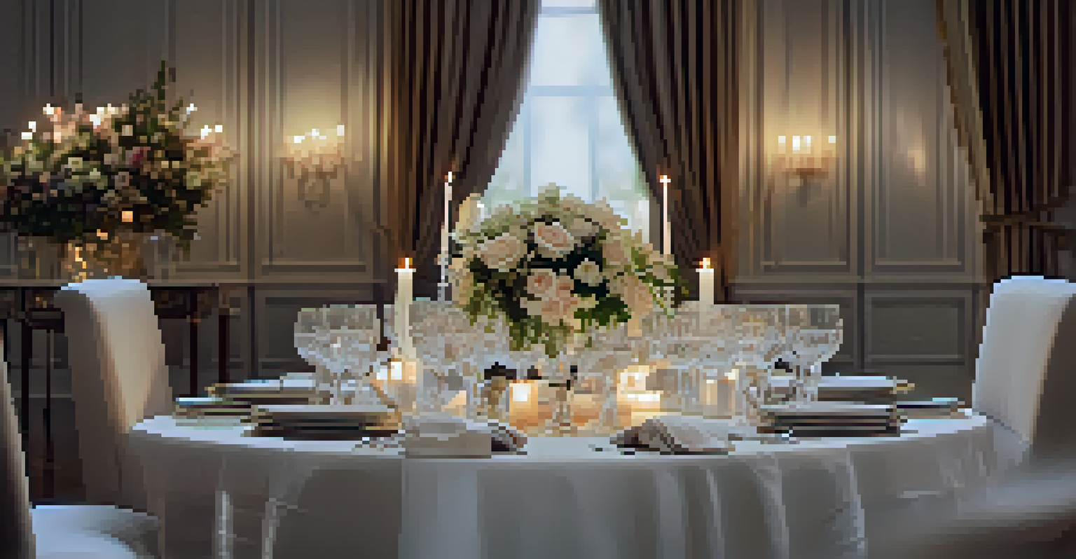 An elegant dining table set for a formal dinner with beautiful dinnerware, candles, and a floral centerpiece.