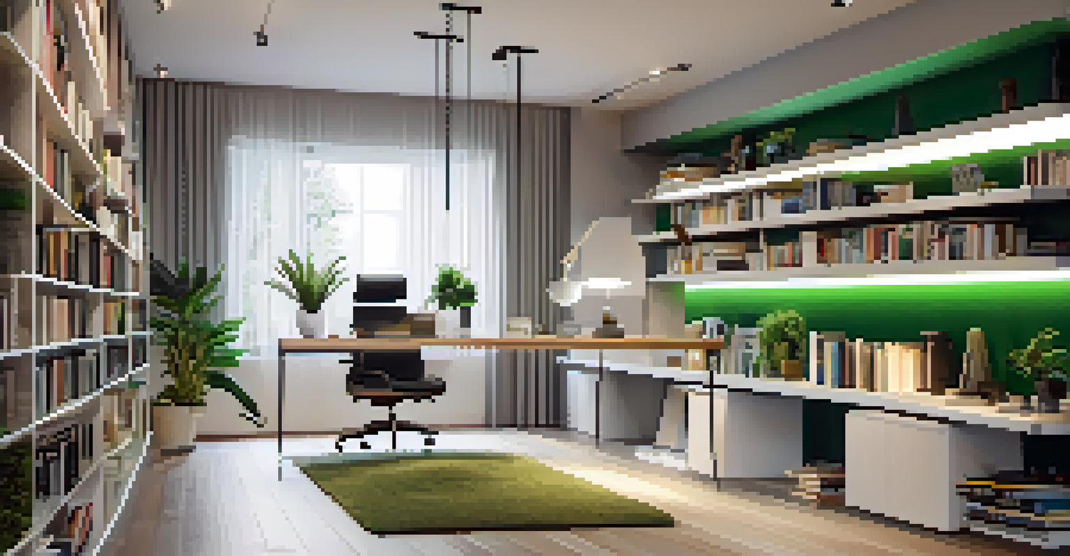 A modern home office in a renovated basement with a sleek desk, ergonomic chair, and bright lighting.