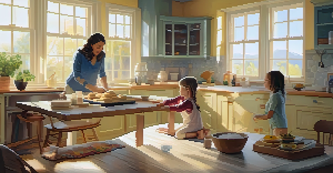 A grandmother and granddaughter baking cookies together in a warm, sunny living room filled with family photos.