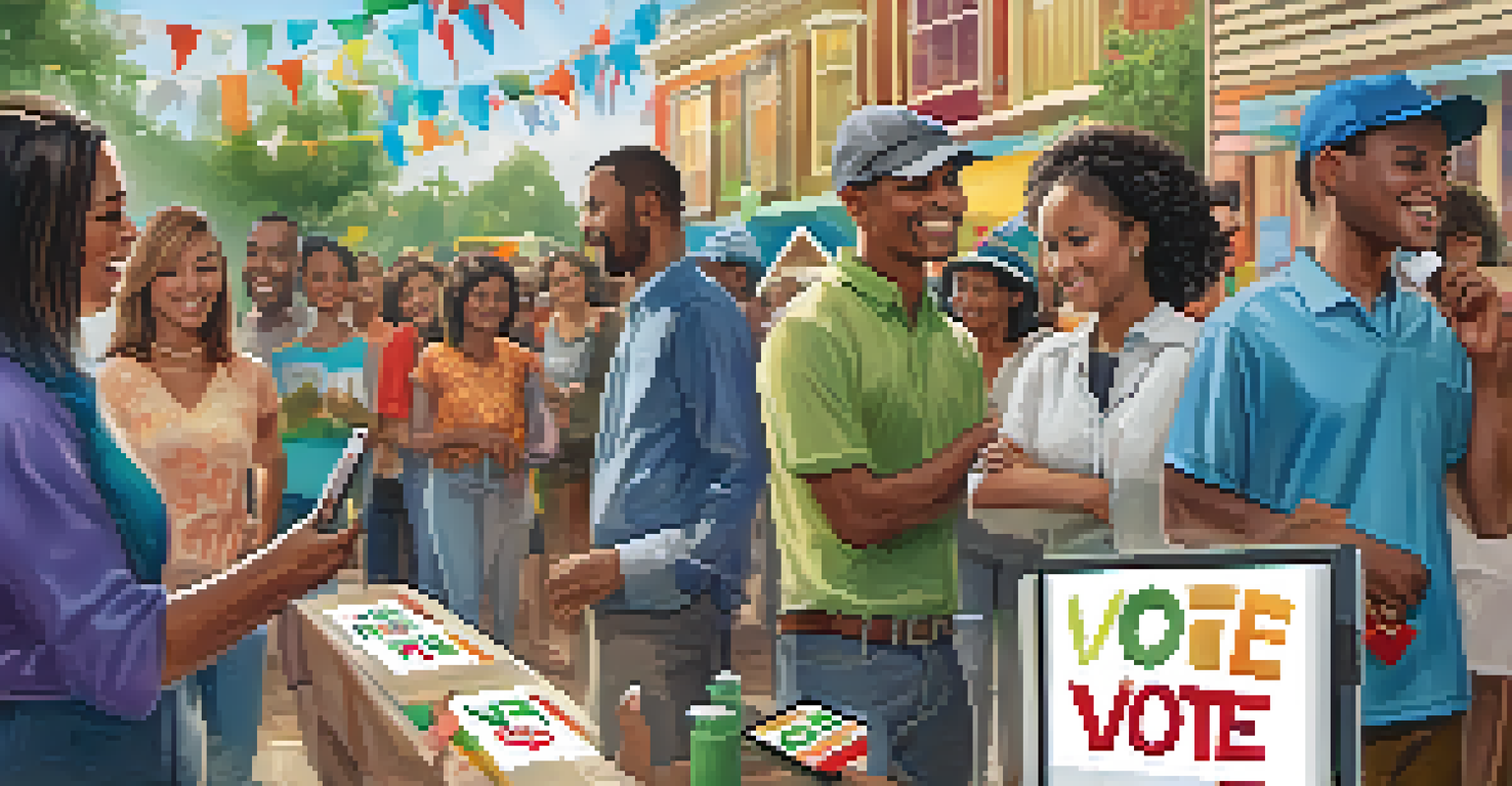 Residents participating in a community engagement event, using mobile apps to vote on projects.