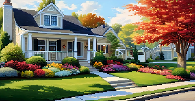 A suburban home with a lush green lawn, colorful flower beds, and a well-kept walkway under soft sunlight.