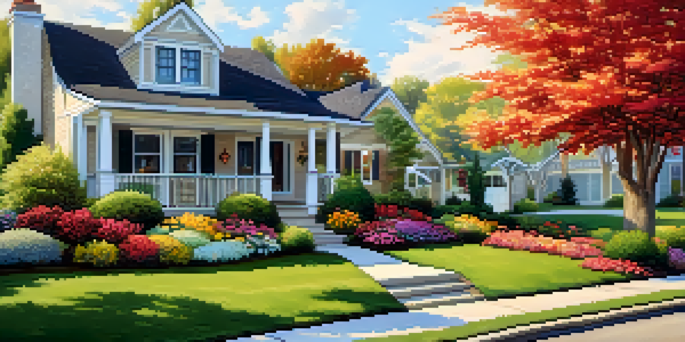 A suburban home with a lush green lawn, colorful flower beds, and a well-kept walkway under soft sunlight.