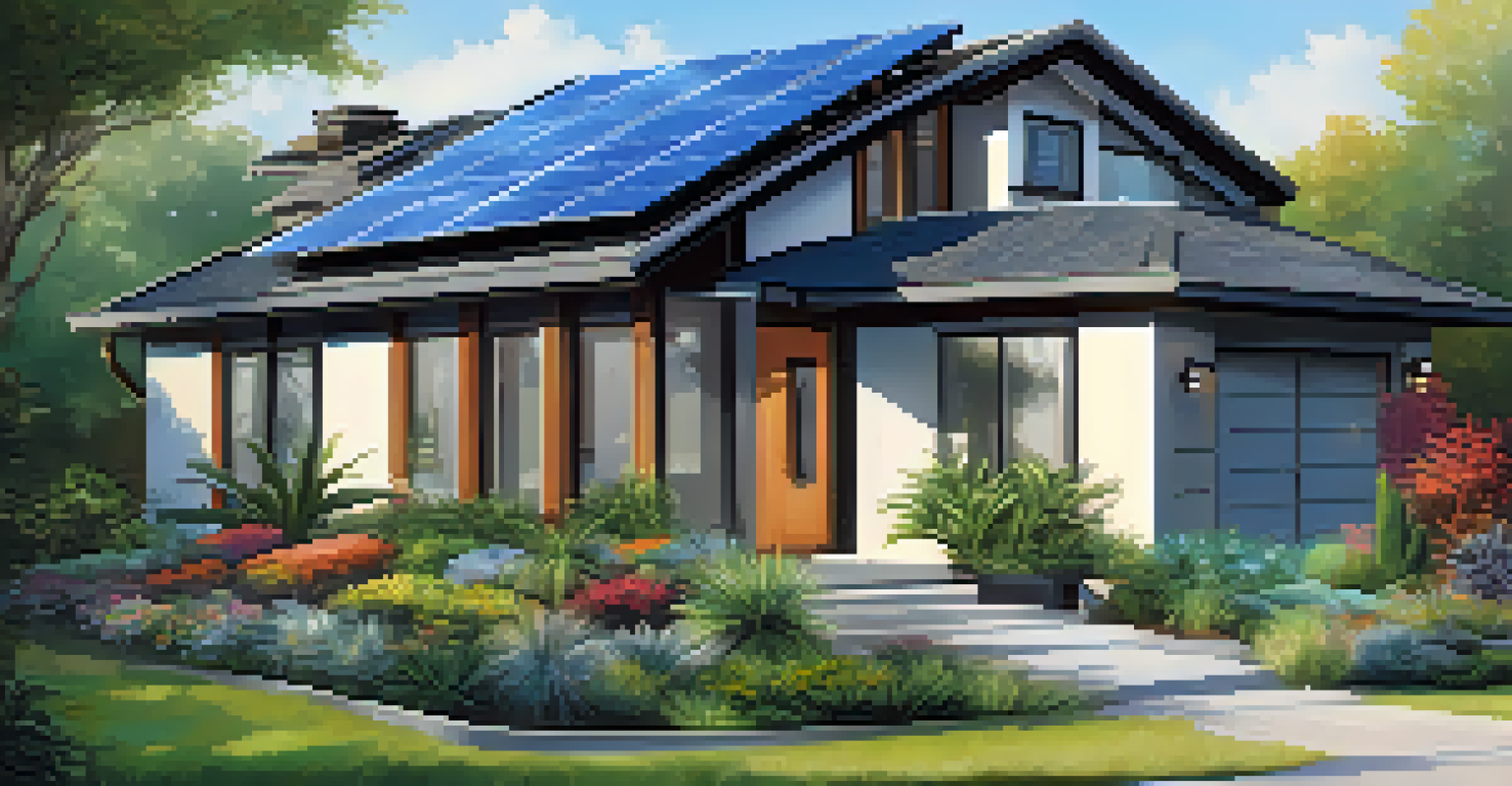 An exterior view of a house with solar panels, energy-efficient windows, and a lush garden.