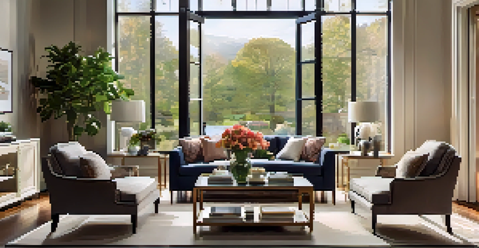A welcoming living room in an open house with soft lighting and a view of a garden.
