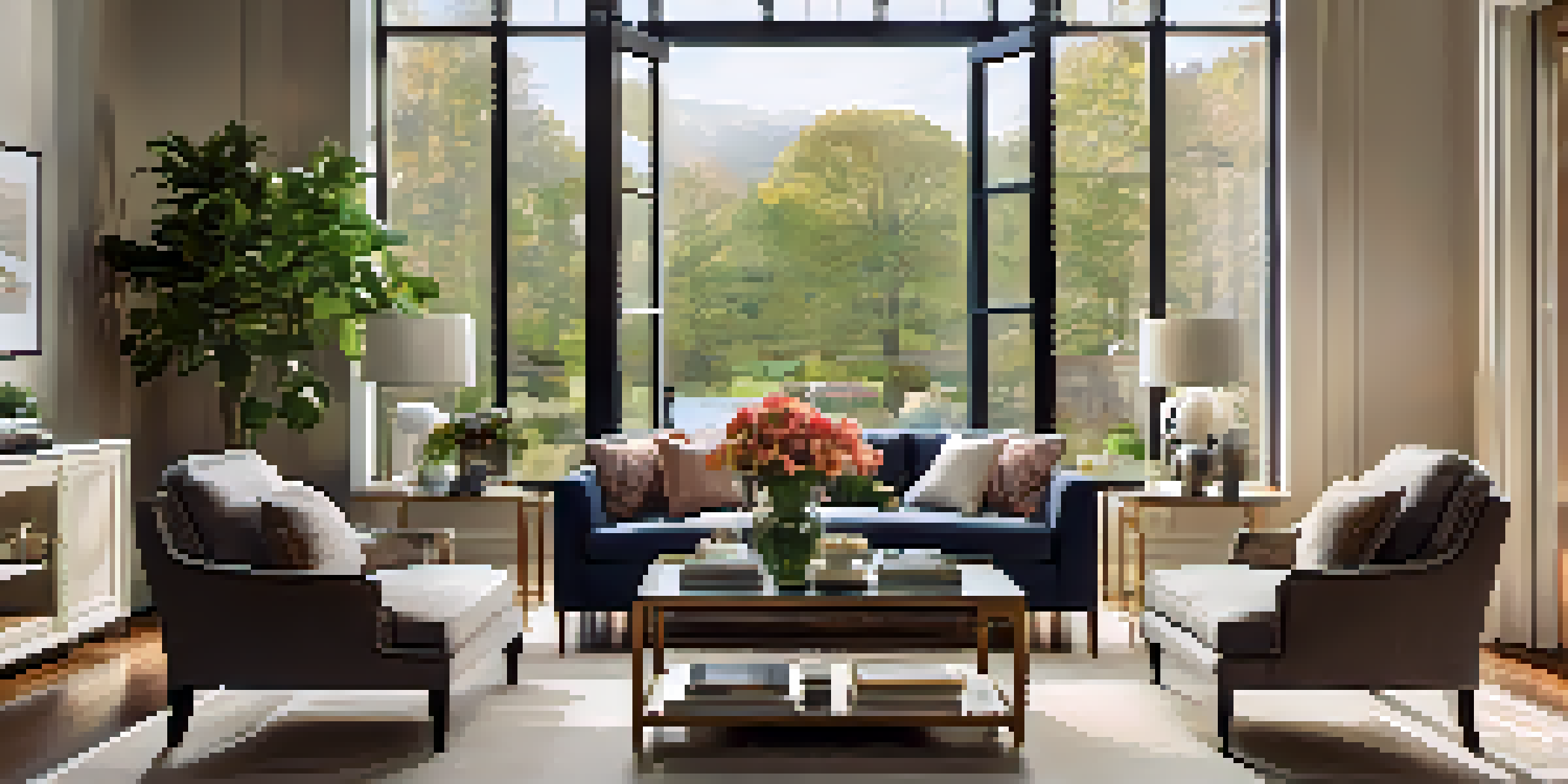 A welcoming living room in an open house with soft lighting and a view of a garden.