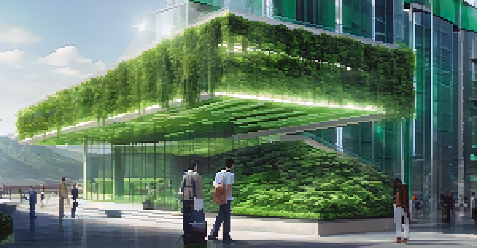 A futuristic building with solar panels and green walls, showcasing smart infrastructure in a well-lit environment.