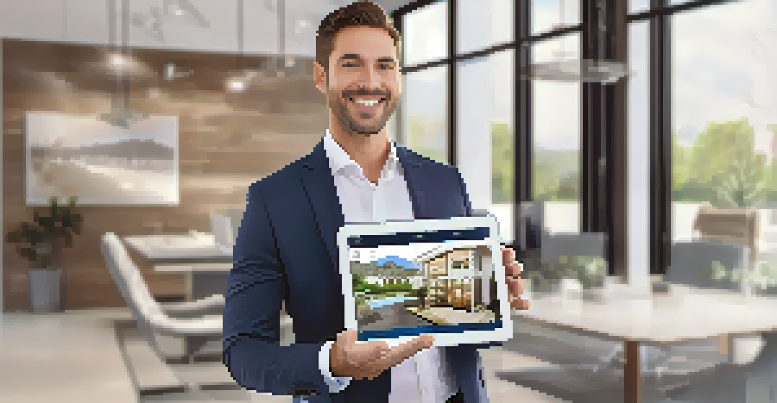 A real estate agent using a tablet to showcase a property listing in a modern office environment.