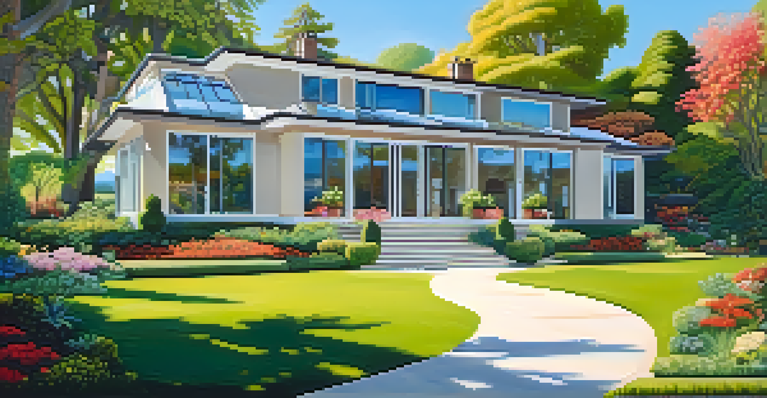 A modern home surrounded by greenery with large glass windows and a colorful garden.