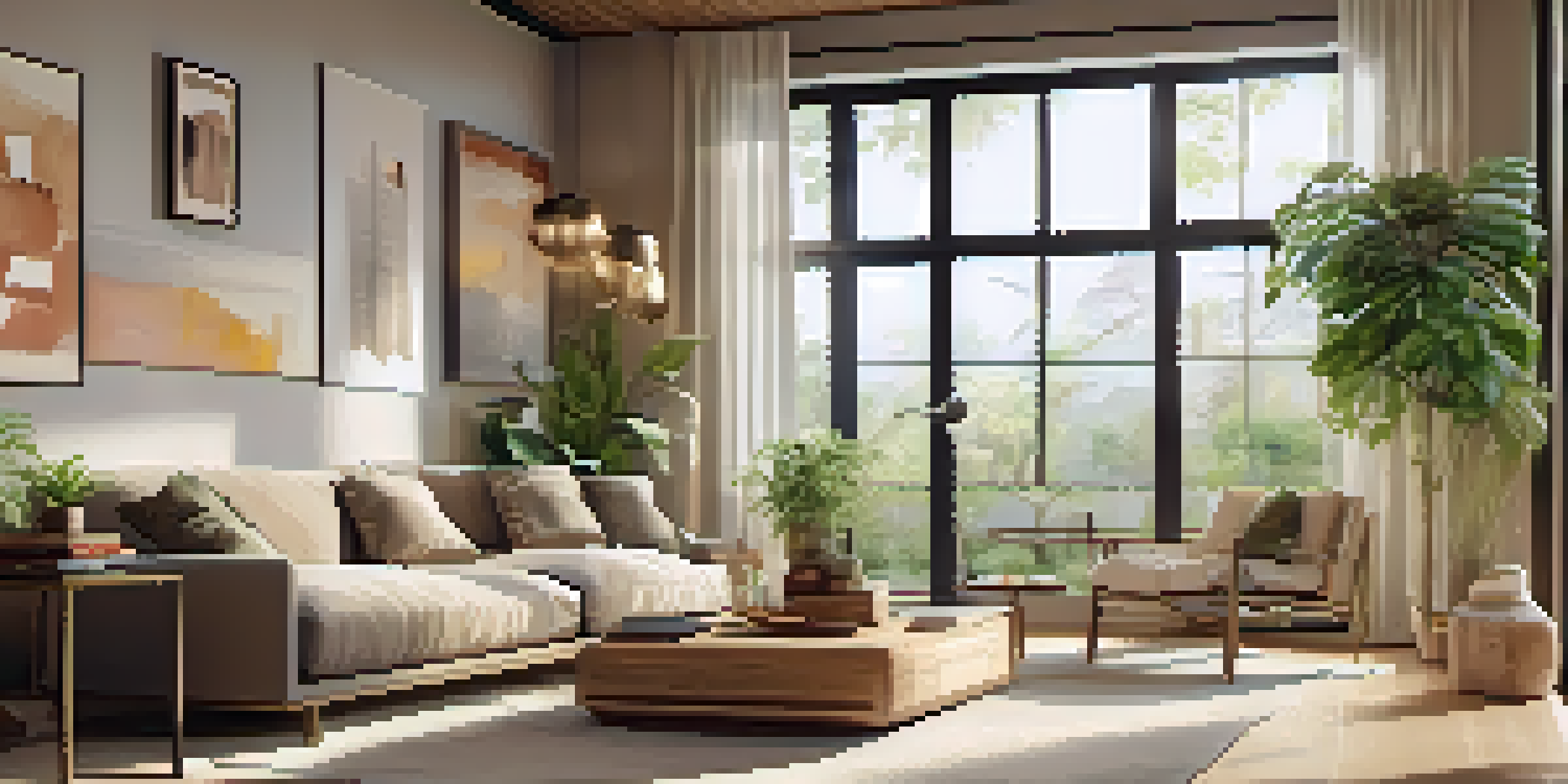 A warm and inviting eco-friendly living room with bamboo furniture, indoor plants, and smart home devices.